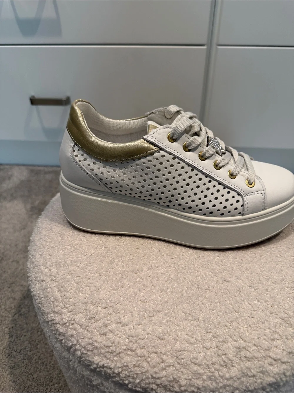 Women’s White Platform Sneakers with Gold Heel Accent